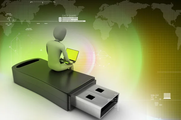 3d man and laptop sitting usb — Stock Photo, Image