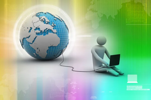 3d man sit near the globe with laptop — Stock Photo, Image