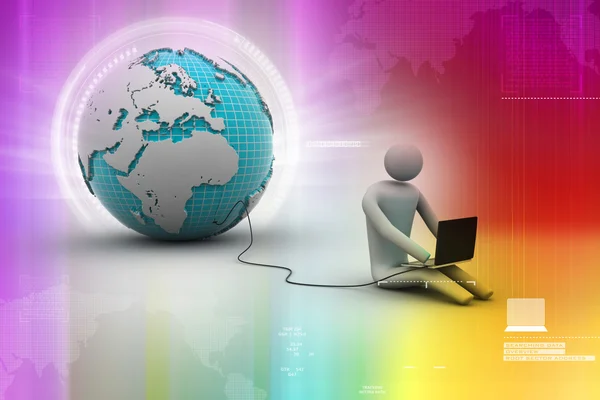 3d man sit near the globe with laptop — Stock Photo, Image