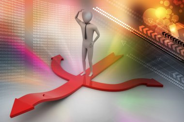 Kırmızı oklar üzerinde duran 3d küçük kişi. 3D görüntü.
