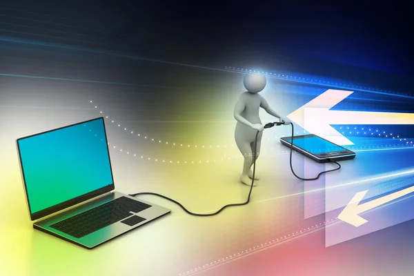 3d man connecting laptop and mobile — Stock Photo, Image