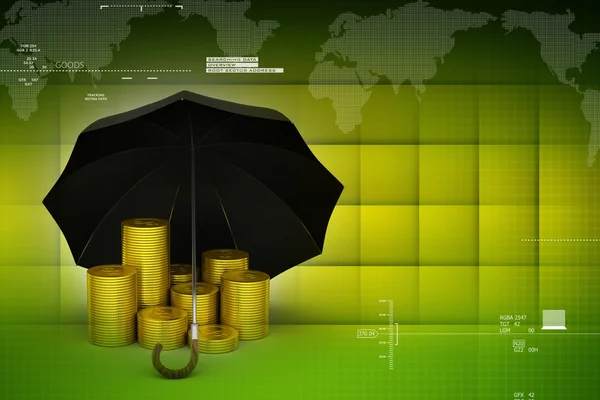 Gouden munten onder een zwarte paraplu — Stockfoto