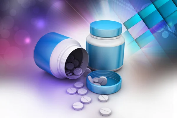 Garrafa de medicamentos e pílulas — Fotografia de Stock