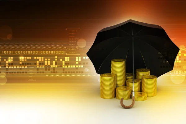 Gouden munten onder een zwarte paraplu — Stockfoto