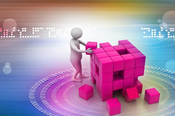 3d people - man, person pushing a cube — Stock Photo, Image