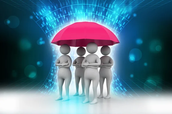 3d pessoas sob um guarda-chuva vermelho, conceito de trabalho em equipe — Fotografia de Stock
