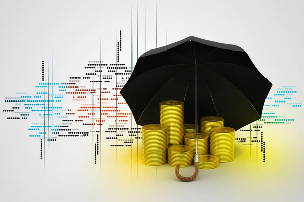 Goldmünzen unter einem schwarzen Regenschirm — Stockfoto