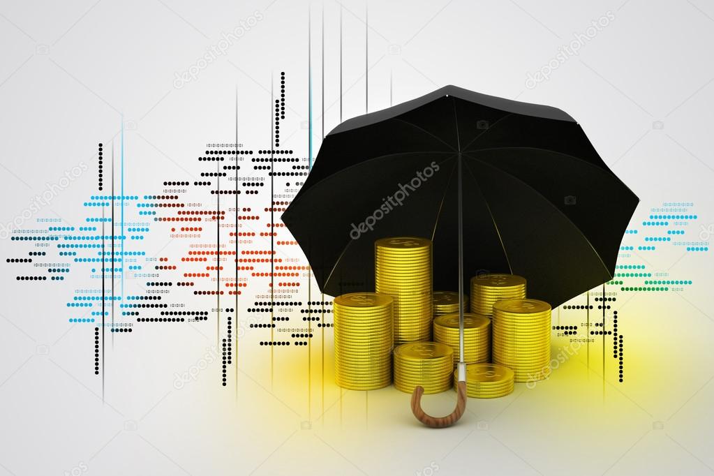 Gold coins under a black umbrella