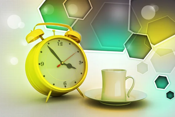 Alarm clock with cup of tea — Stock Photo, Image