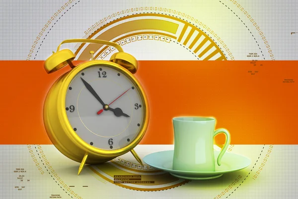 Relógio despertador com xícara de chá — Fotografia de Stock