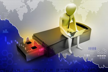3D insan ve usb otururken dizüstü