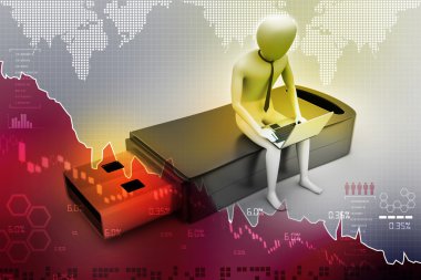 3D insan ve usb otururken dizüstü