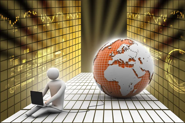 3D mannen sitta nära Globen med laptop — Stockfoto