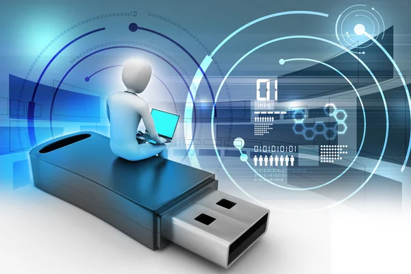 3D-Mann und Laptop sitzen usb — Stockfoto