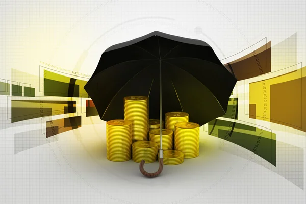 Gold coins under a black umbrella — Stock Photo, Image