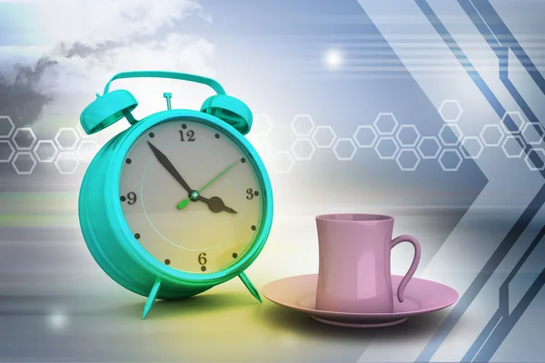 Alarm clock with cup of tea — Stock Photo, Image