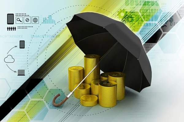 Gold coins under umbrella — Stock Photo, Image