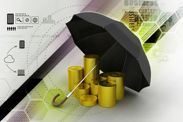 Gold coins under umbrella — Stock Photo, Image