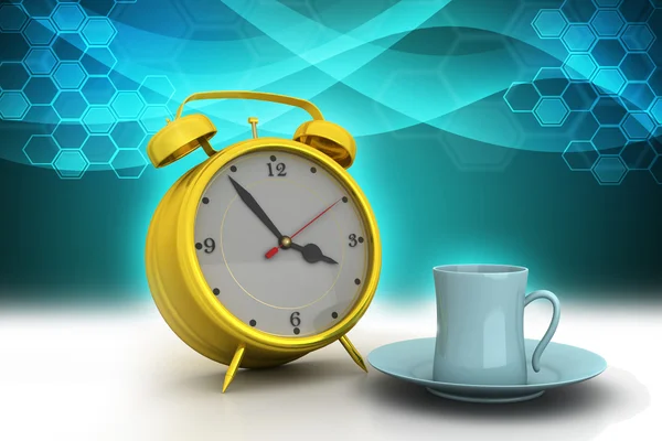 Alarm clock with cup of tea — Stock Photo, Image