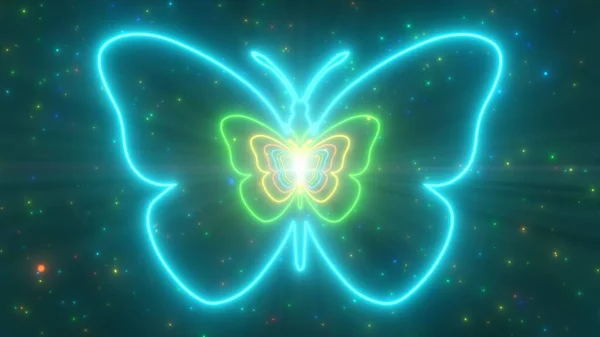 Krásný motýlí neonový světelný tunel Fast Abstraktní zářící částice - Abstraktní textura pozadí — Stock fotografie