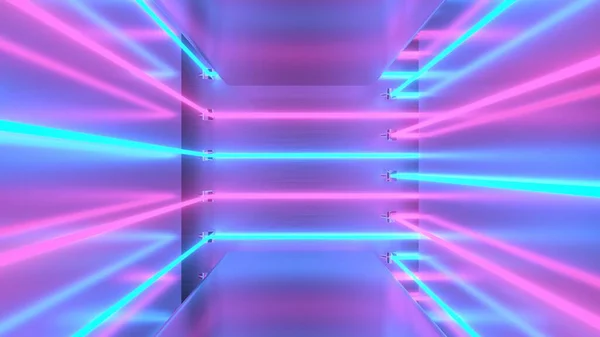 Retro esthetische roze blauwe laserstralen reflecteren fluorescerende neon hal - Abstracte achtergrond textuur — Stockfoto