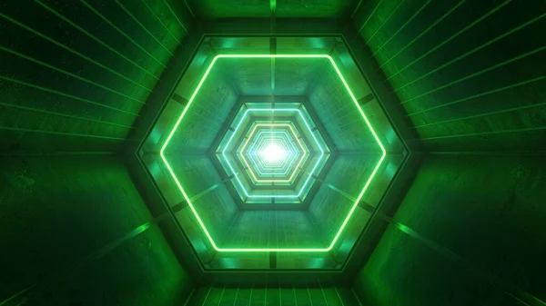 科幻绿光霓虹灯六角形隧道未来走廊-摘要背景结构 — 图库照片