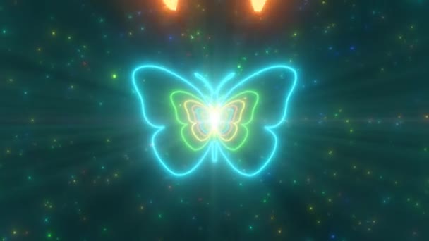 Schöne Butterfly Neon Lights Tunnel Fast Abstrakte Glühpartikel - 4K Nahtlose VJ Loop Motion Hintergrundanimation — Stockvideo