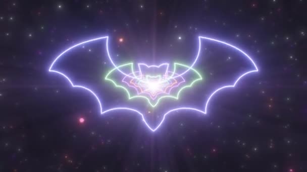 Unheimlich Fledermaus Umriss Form gruselig Halloween Neonlichter Tunnel Nachthimmel - 4K nahtlose VJ Loop Motion Hintergrundanimation — Stockvideo