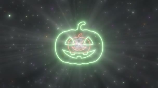 Spooky Pumpkin Halloween Shape Neon Lights Tunnel Moving in Night Sky - 4K Płynne VJ Loop Motion Tło Animacja — Wideo stockowe