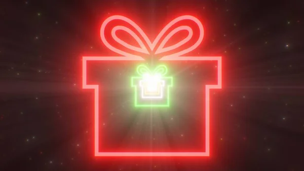 Presente de Natal Gift Shape Outline Winter Holiday Túnel de luz de néon Textura de fundo abstrato — Fotografia de Stock