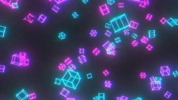 Retro 80s Glitchy Neon Wireframe 3D Cubi che volano nel futuro Cyberpunk - Struttura astratta dello sfondo — Foto Stock