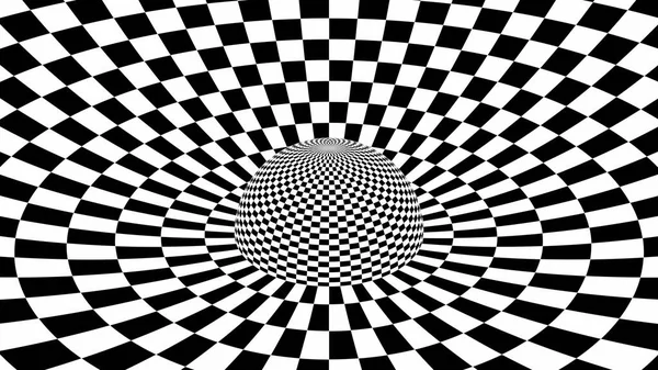 Trippy Schachbrett Schwarze und weiße Fliesen Sphärische optische Täuschung - Abstrakte Hintergrundtextur — Stockfoto