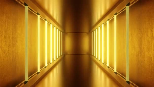 Smuk Golden Tunnel Hall of Neon Lights skinnende refleksioner glødende 4K sømløse VJ Loop Motion Baggrund Animation – Stock-video