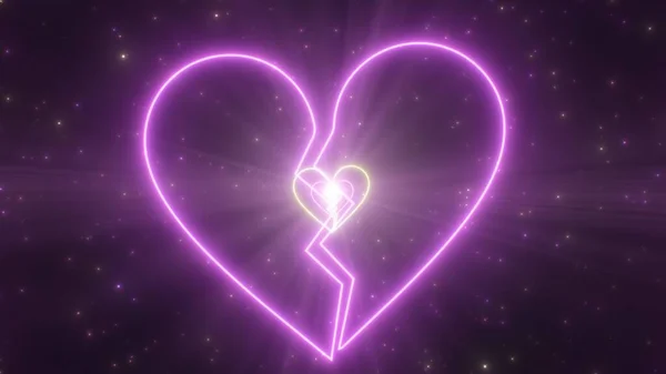 Sinal de coração partido Valentine Day Breakup Concept Túnel de luzes de néon Textura de fundo abstrato — Fotografia de Stock