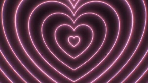 美しいピンクハートの輪郭形状ネオン輝く動きの速いトンネル – 4KシームレスVJ Loop Motion背景アニメーション — ストック動画