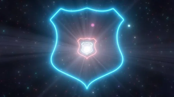 Defense Shield Police Badge Shape Outline Gloeiende Neon Light Tunnel - Abstracte achtergrond textuur — Stockfoto