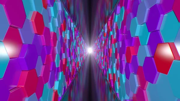 Endlose Hexagon-Tunnelwände Flurgang mit reflektierendem Pfad - abstrakte Hintergrundtextur — Stockfoto