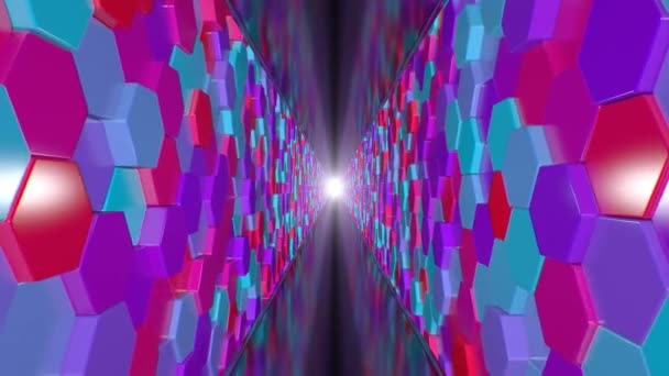 具有反射路径的无限六边形隧道墙走廊- 4K无缝隙VJ环路运动背景动画 — 图库视频影像