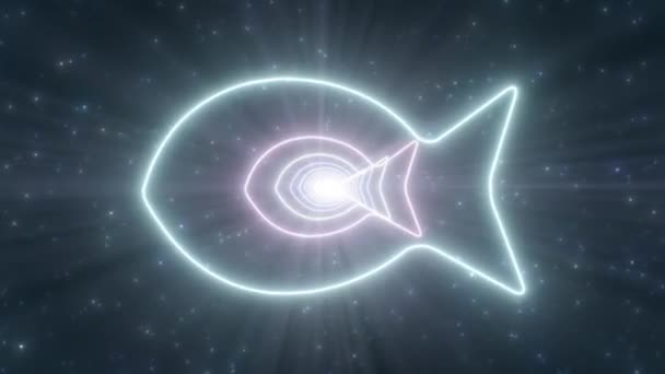 Simple Fish Outline Shape Blue Glowing Neon Lights Tunnel Wormhole - 4K Seamless VJ Loop Motion Background Animation — Stock Video