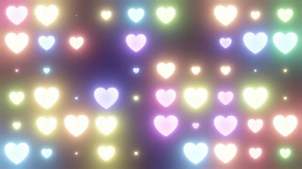 Corações de néon piscando luz grade matriz brilhante cores do arco-íris - Textura de fundo abstrato — Fotografia de Stock