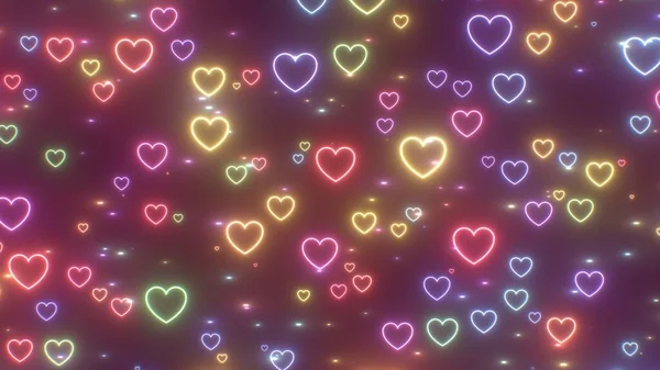 Moving Rainbow Heart Shape Outlines Glowing Neon Fluorescent Lights - Abstract Background Texture — Stock Photo, Image