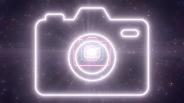 Φωτογραφία σχήμα κάμερας Σύμβολο Περίγραμμα Φωτεινή Λάμψη Νέον Φώτα Tunnel Hall - Αφηρημένη Υφή Φόντο — Φωτογραφία Αρχείου