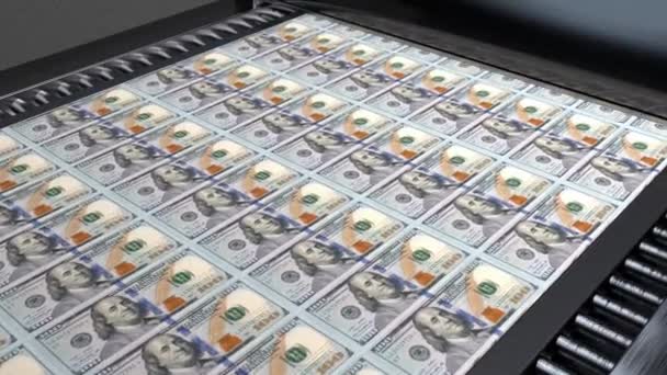 钞票打印机100元钞票刺激美国经济通货膨胀- 4K无缝隙VJ环路运动背景动画 — 图库视频影像