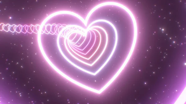 Pretty Pink Love Heart Tunnel Curved Path Beautiful Neon Glow Lights - Abstract Background Texture — Stock Photo, Image