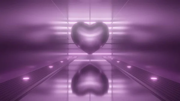 Spinning Metallic Heart in Pink Świecące Neon Futurystyczne lustro pokoju - Streszczenie tekstury tła — Zdjęcie stockowe