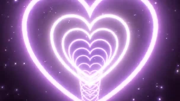 Voler à travers Violet coeur en forme de néon lumière incandescente circulaire tunnel anneau - 4K sans couture VJ boucle mouvement animation arrière-plan — Video