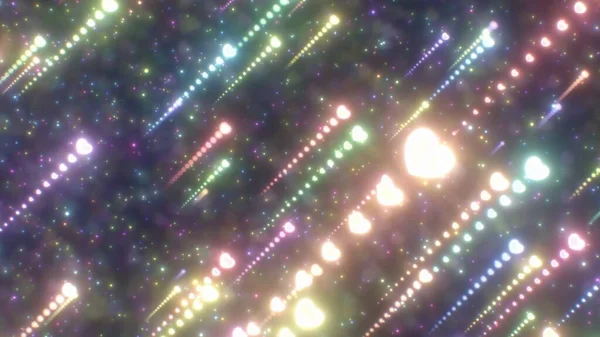 Tęczowe serca w kształcie spadającej gwiazdy komety latające w przestrzeni kosmicznej niebo - Streszczenie tekstury tła — Zdjęcie stockowe