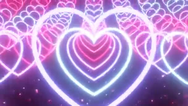 Curved Love Heart Tunnels Glowing Neon Lights Rotating Spinning Fast - 4K Seamless VJ Loop Motion Background Animation — стоковое видео