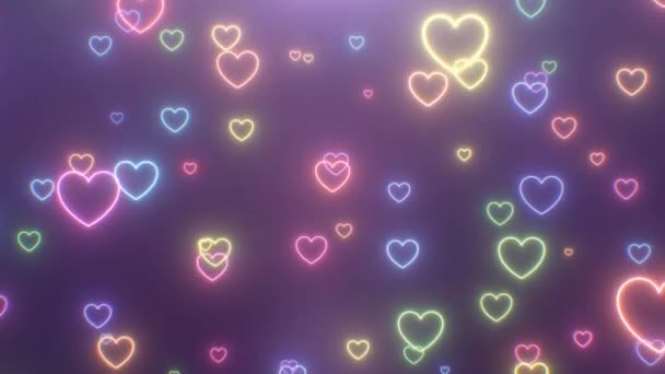 Simple Falling Neon Glow Hearts Rainbow Electric Fluorescent Lights - 4K Naadloze VJ Loop Motion Achtergrond Animatie — Stockvideo