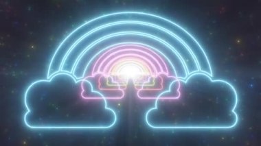Gökkuşağı ve Bulutlar Parlayan Parlak Neon Işıklar Tünel Portal - 4K Kusursuz VJ Döngüsüz Arkaplan Animasyonu